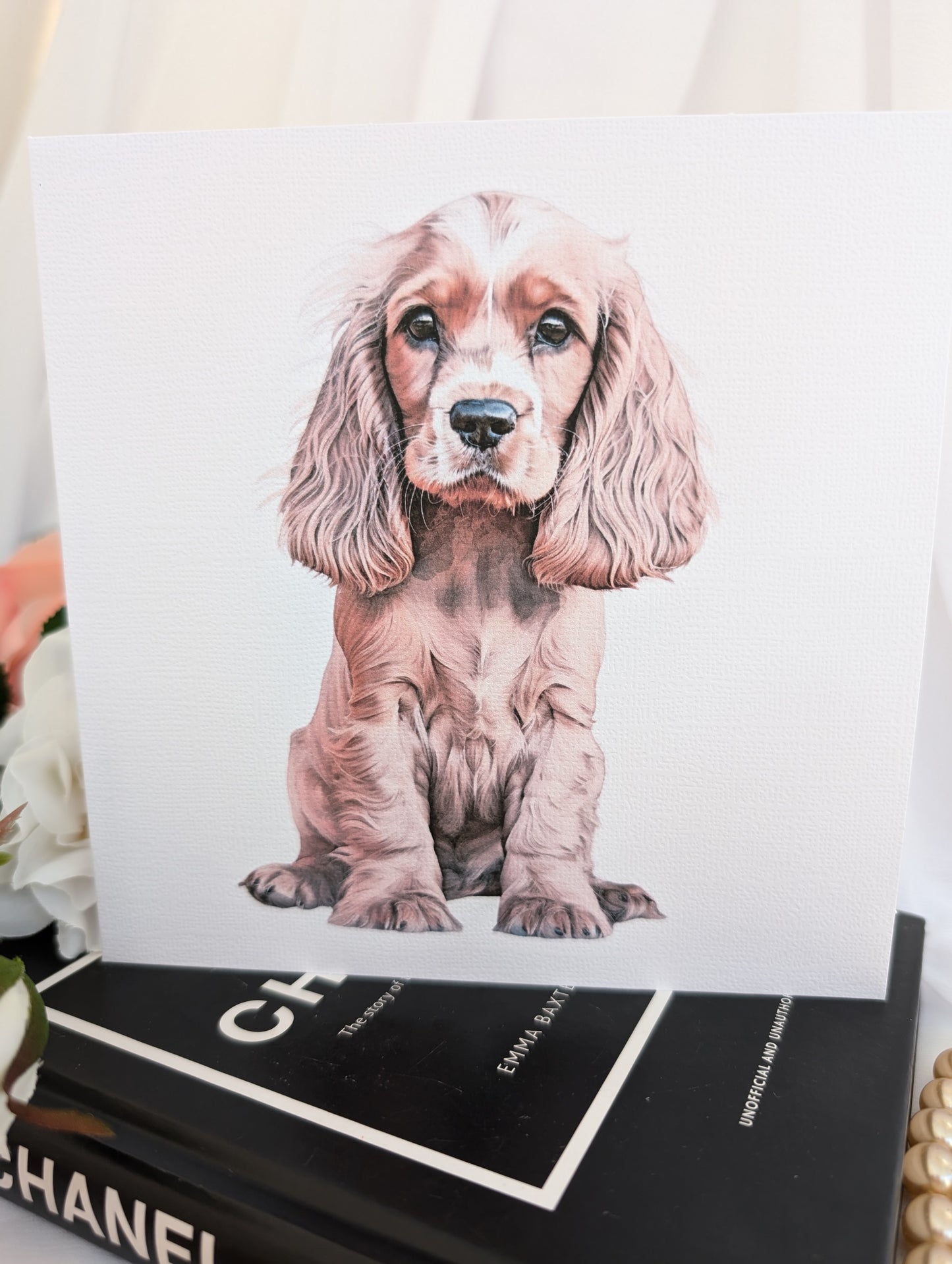 Dog birthday card, with watercolour style image of cocker spaniel on white 300gsm linen card
