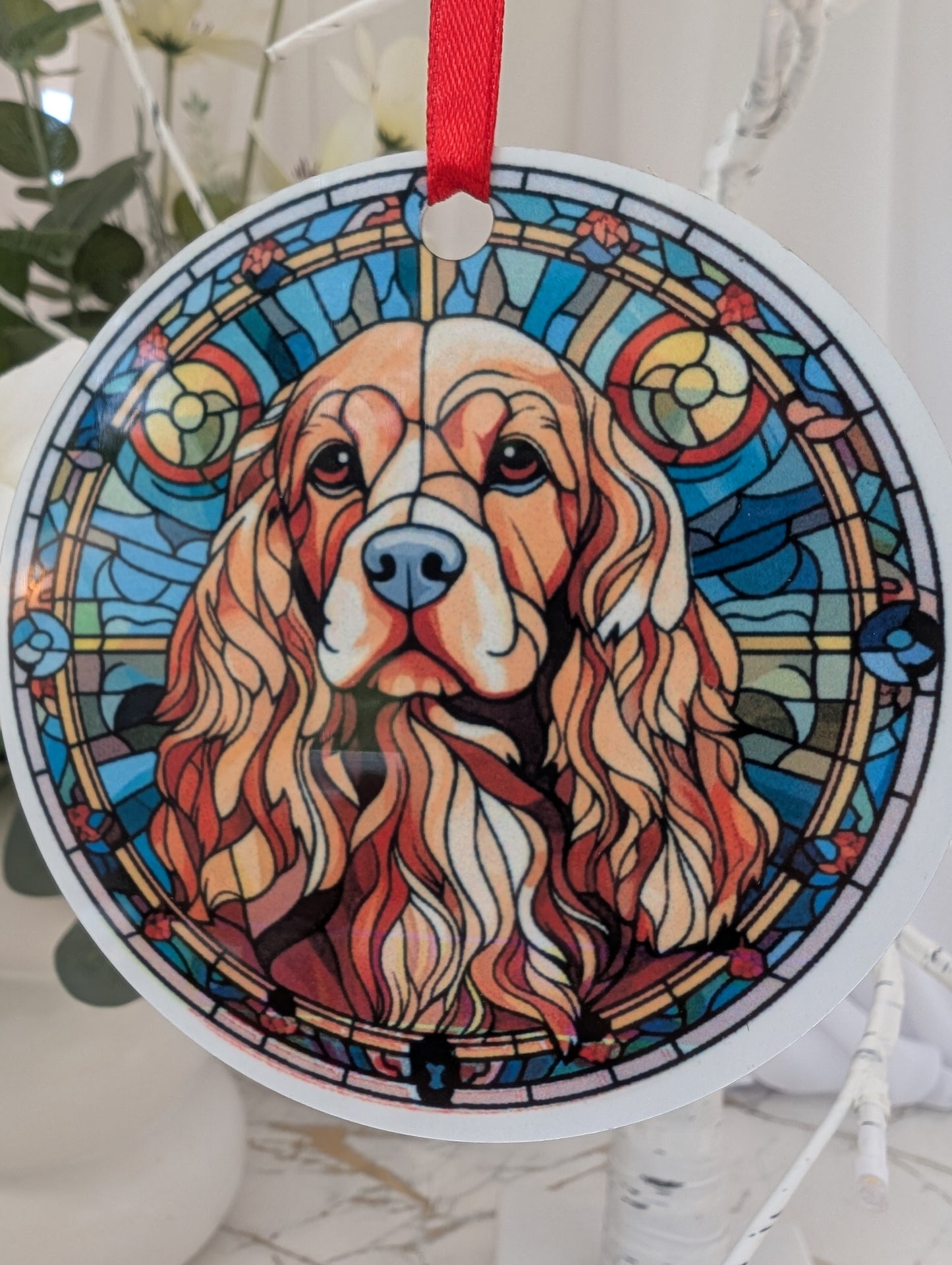 Close up view of Golden Cocker Spaneil stained glass style hanging ornament