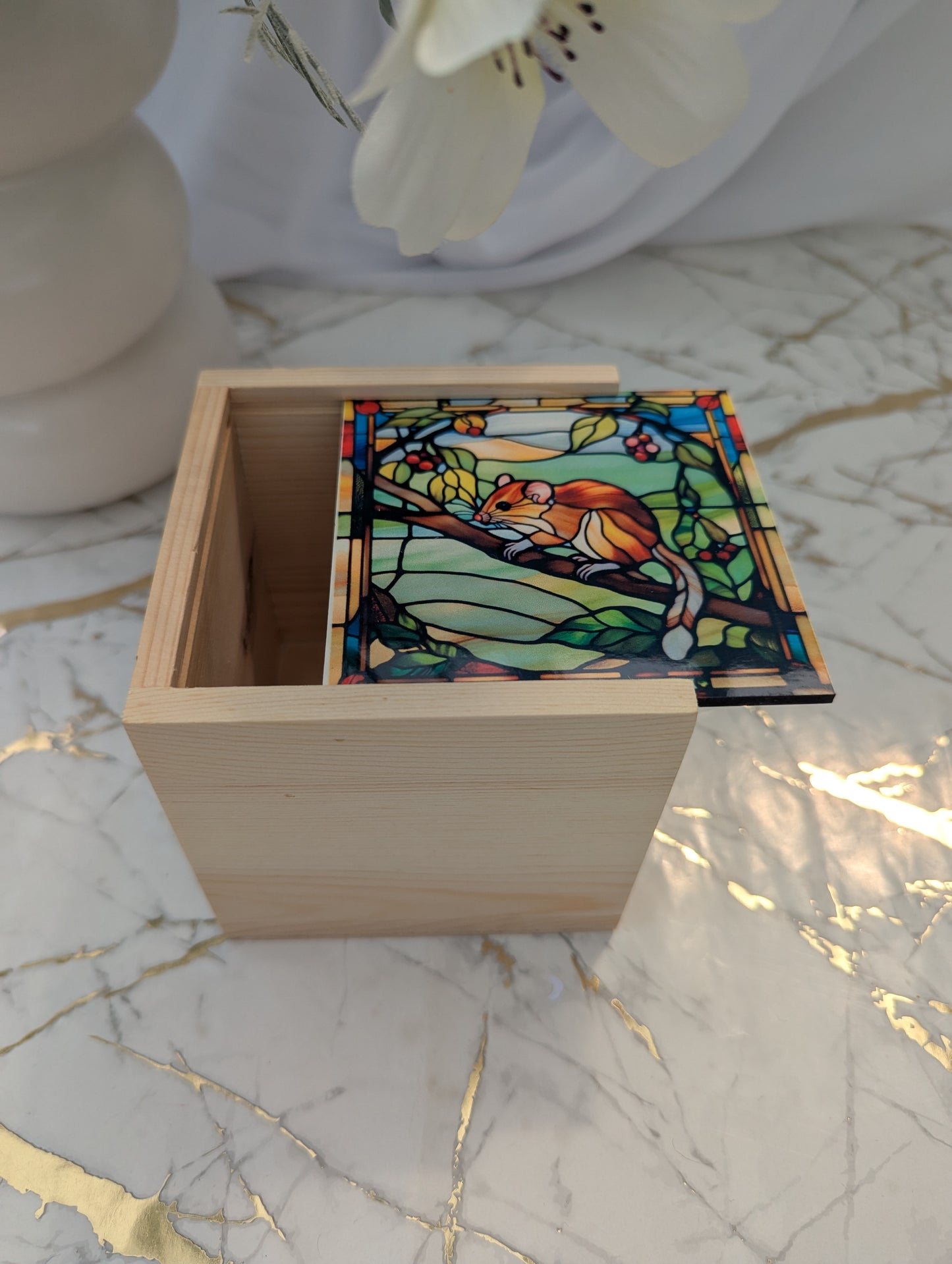Wooden Dormouse Trinket box with stained glass style mdf sliding lid - shown open - 10 x 10 x 10