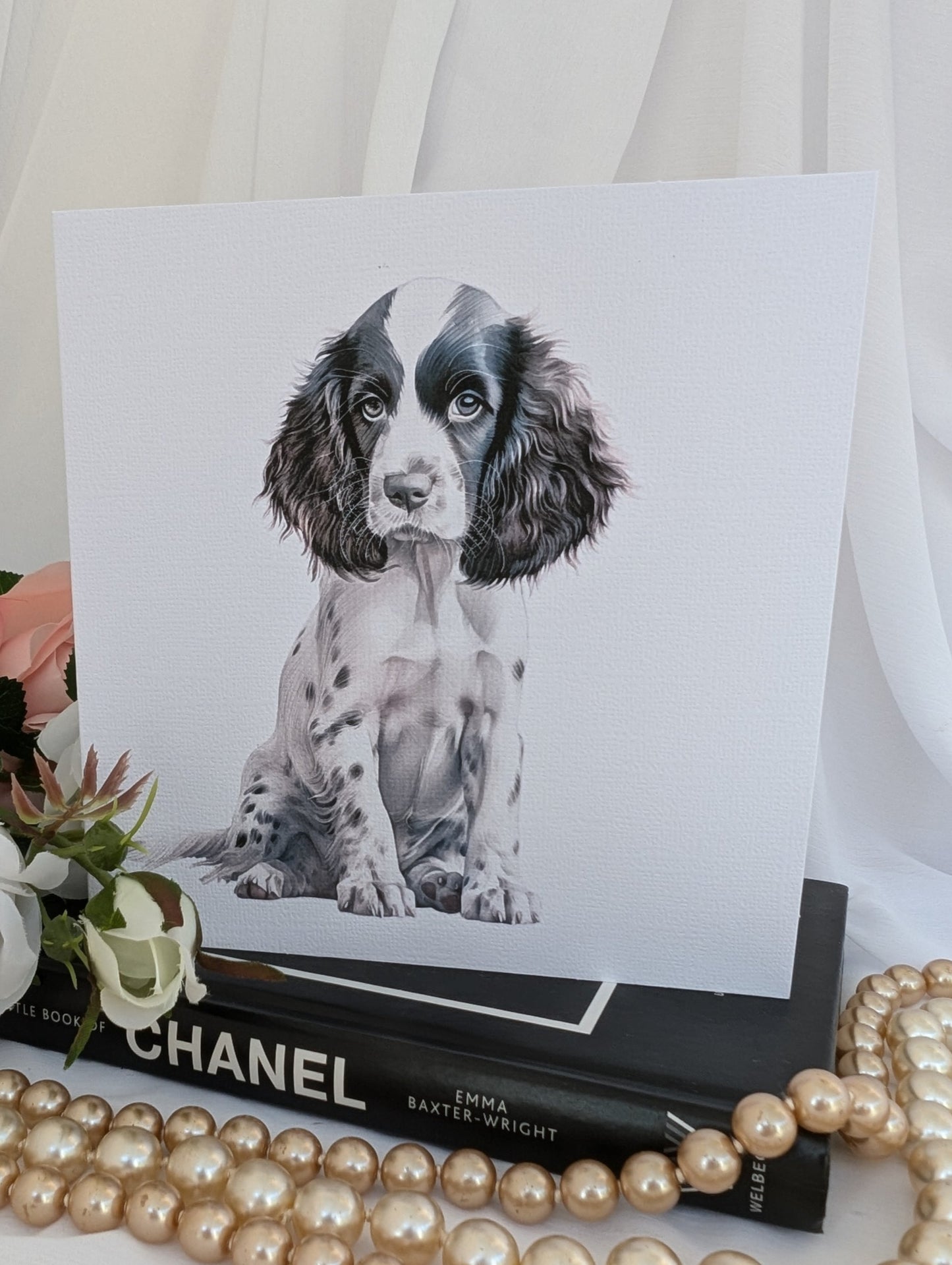 Front view of Springer Spaniel greeting card on 300gsm white linen effect card,
