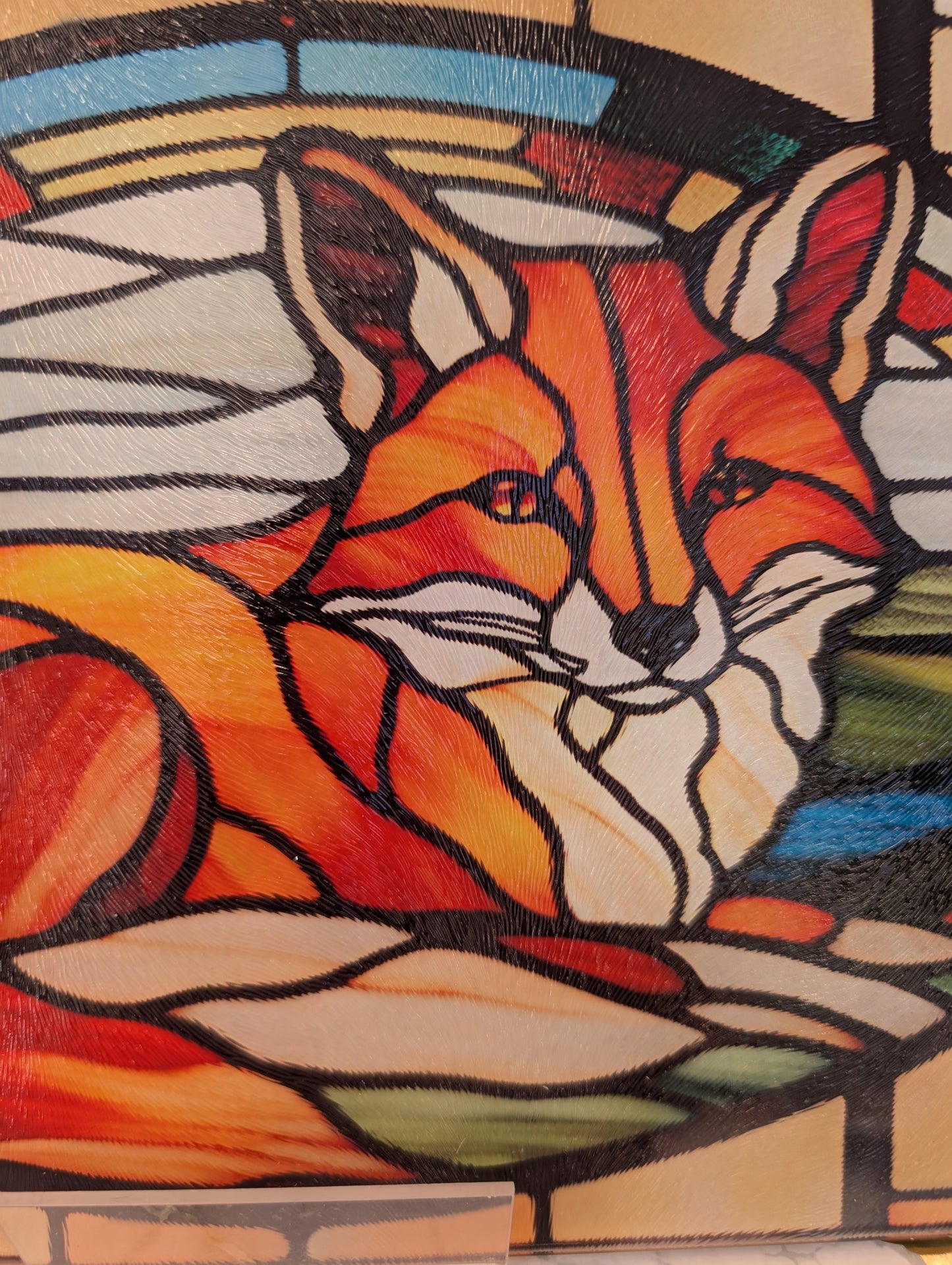 Close up of stained glass effect fox chopping board