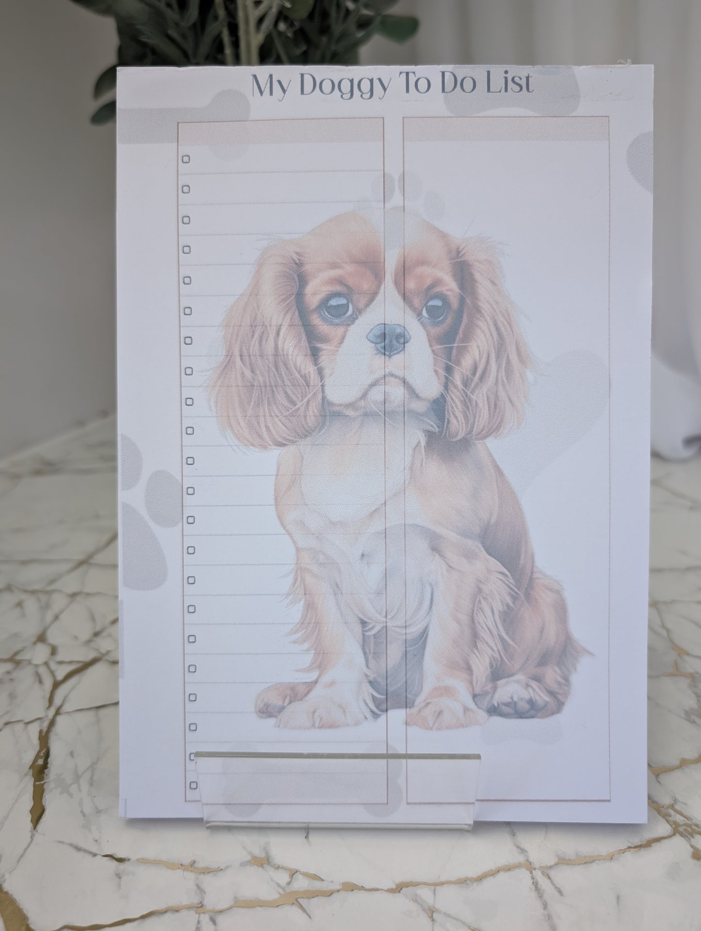 A5 size My Doggy To Do List. Semi transparent image of Cavalier King Charles spaniel printed on white paper with background of soft grey hearts, bones and paws.