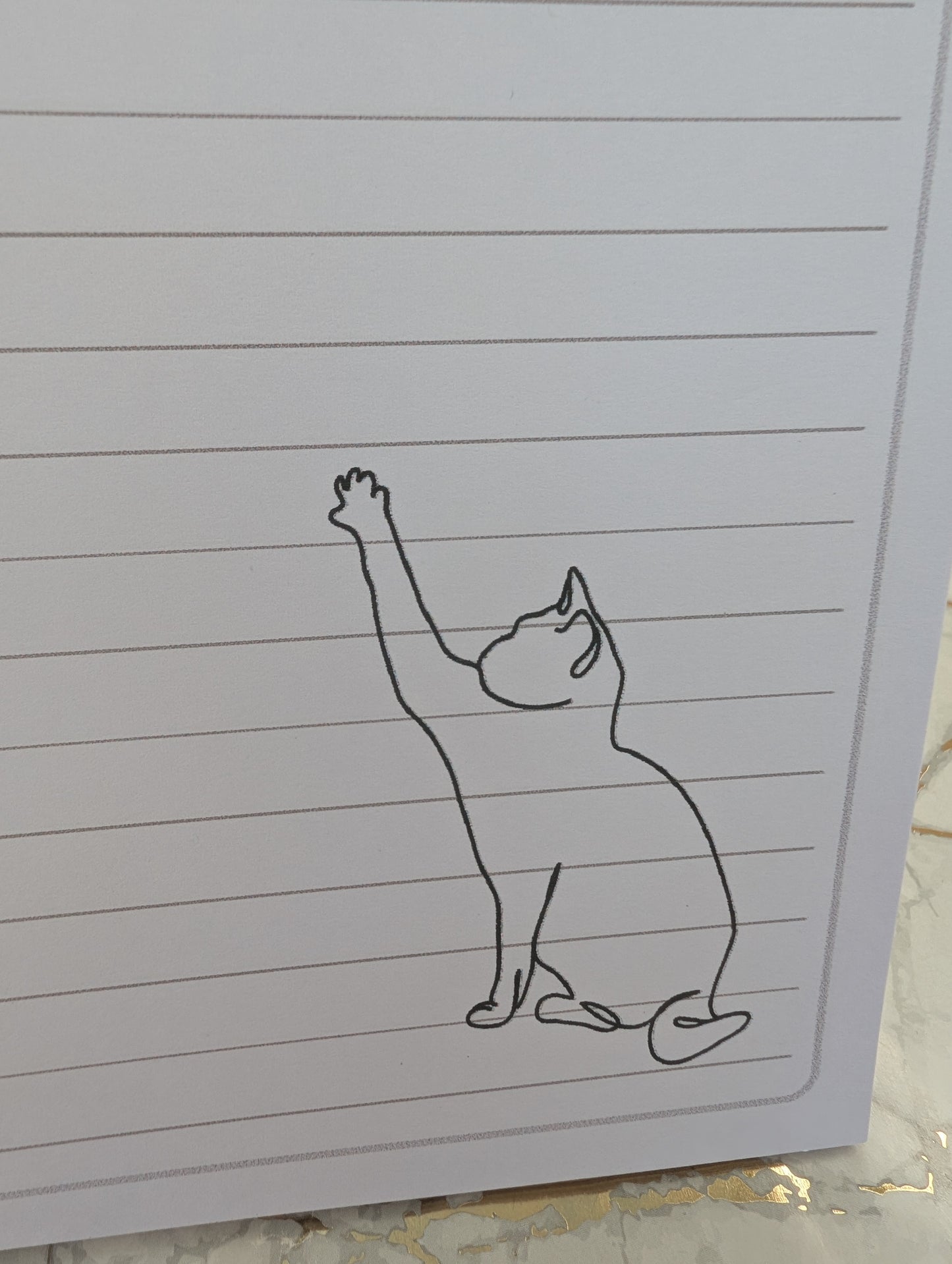 Close up view of kitten line drawing on lined paper