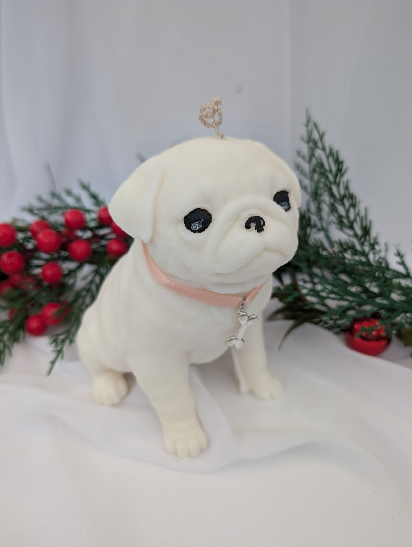 Side view of coconut and rapeseed wax moulded Pug Dog candle with peach coloured ribbon and silver tone bone charm around its neck
