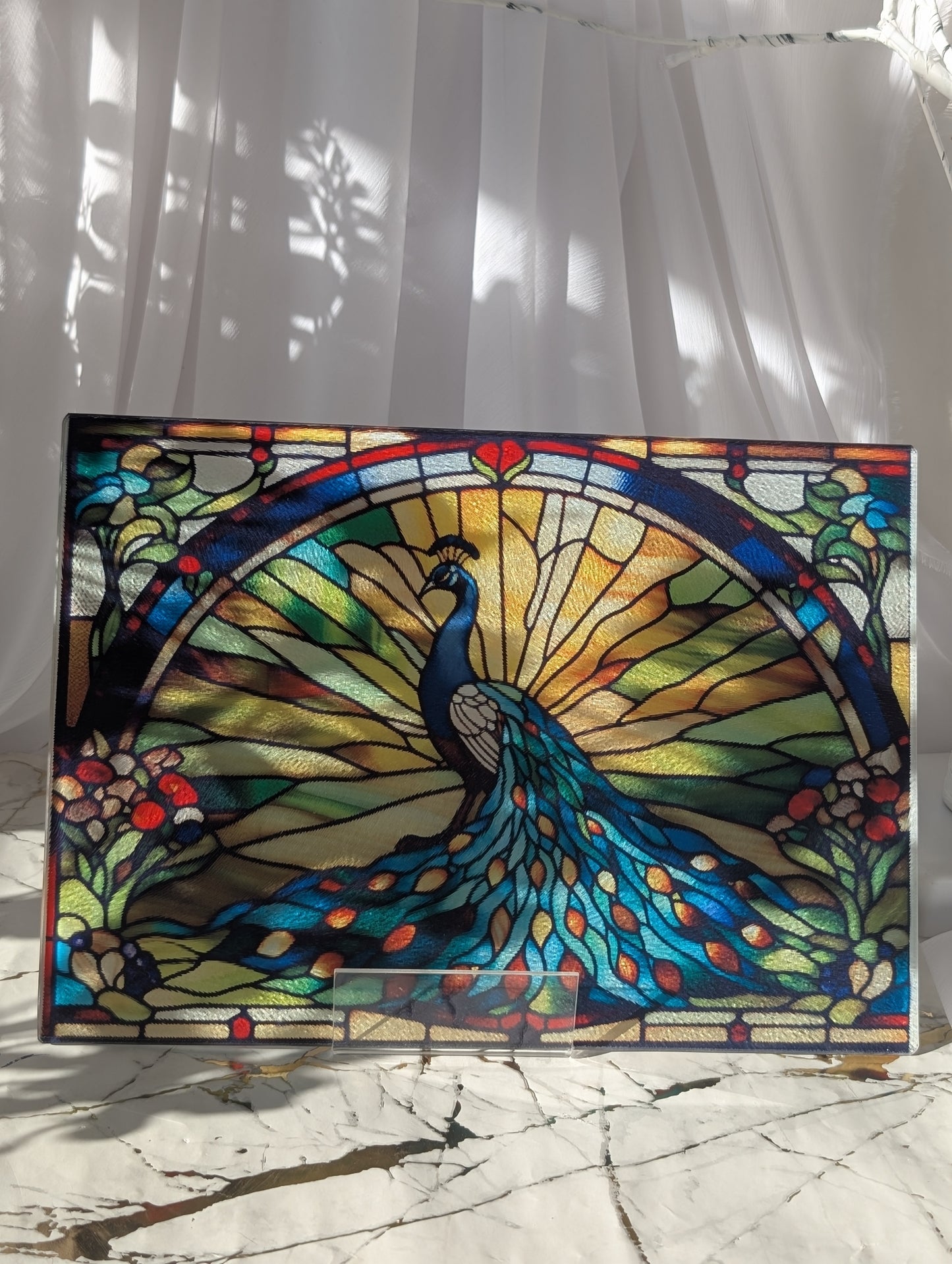 Peacock stained glass style chopping board