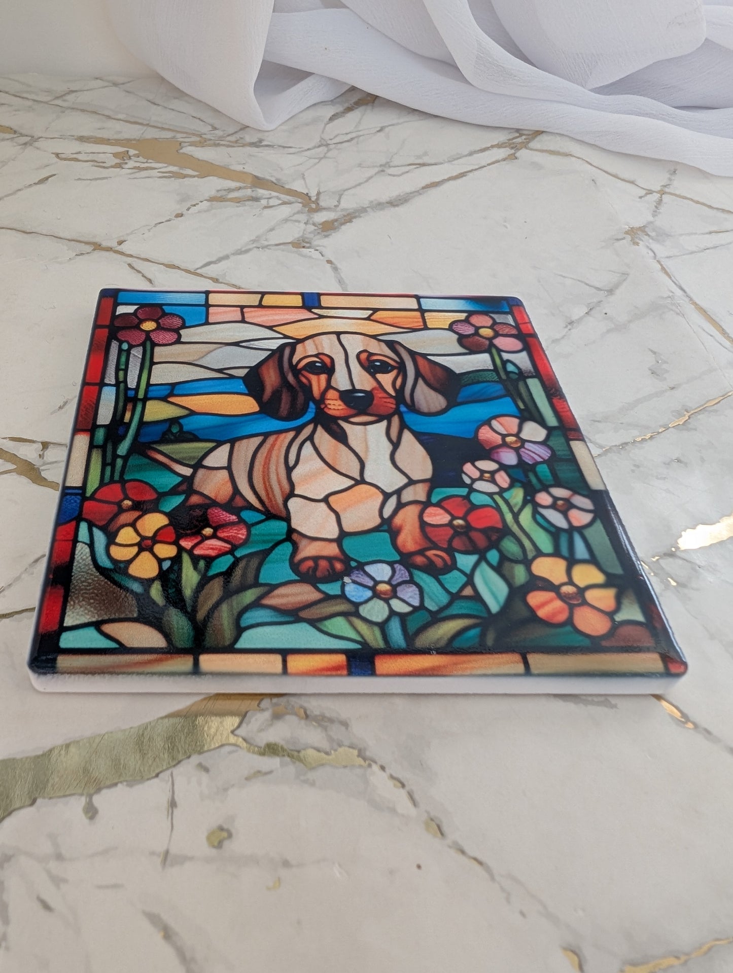 stained glass style ceramic Dachshund coaster, colourful gift for dachshund lovers, dog mums and dads