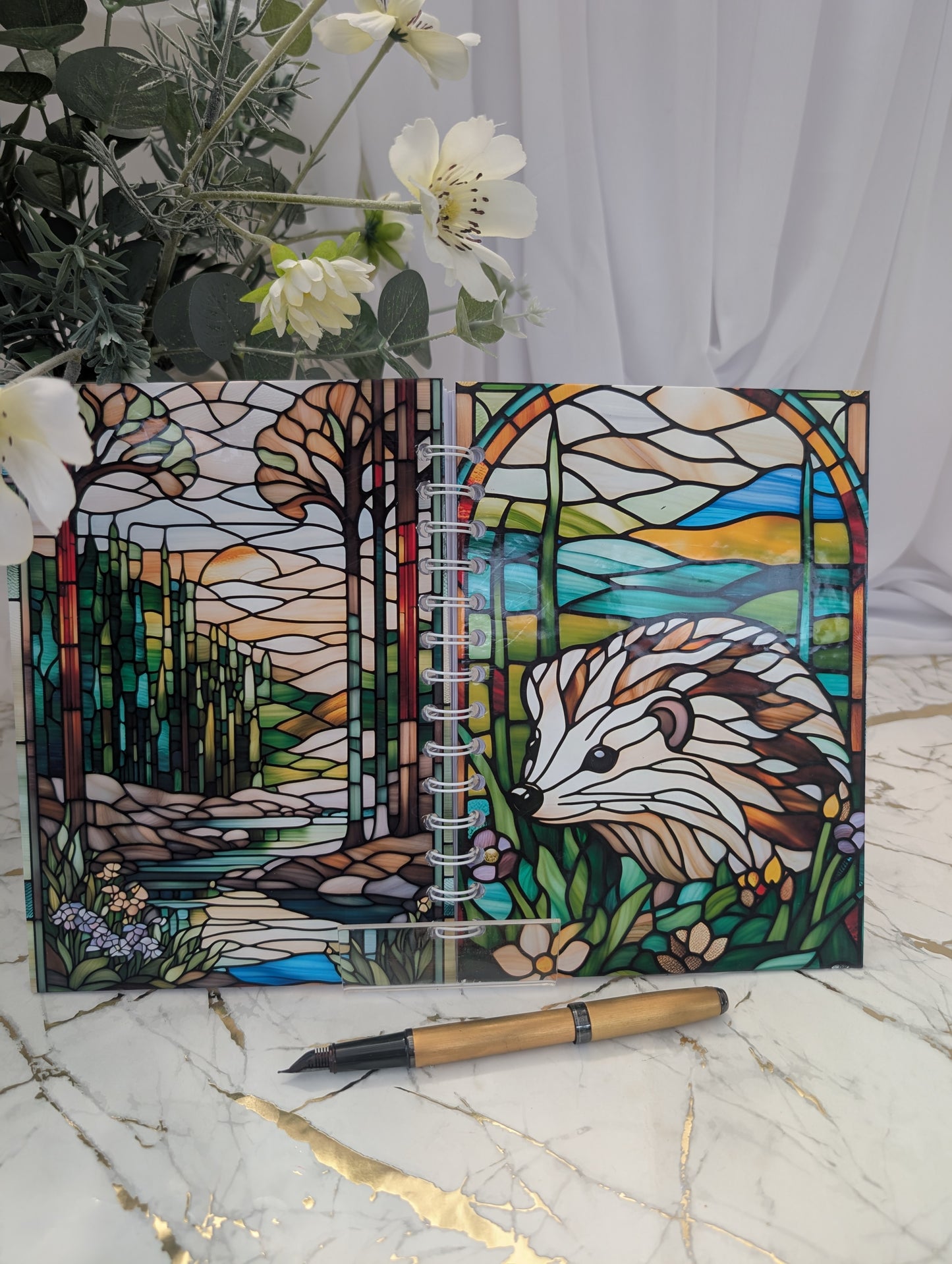 quirky stained glass hedgehog style notebook, open to show both front and back hardback covers. Handmade quirky gift for Hedgehog lovers