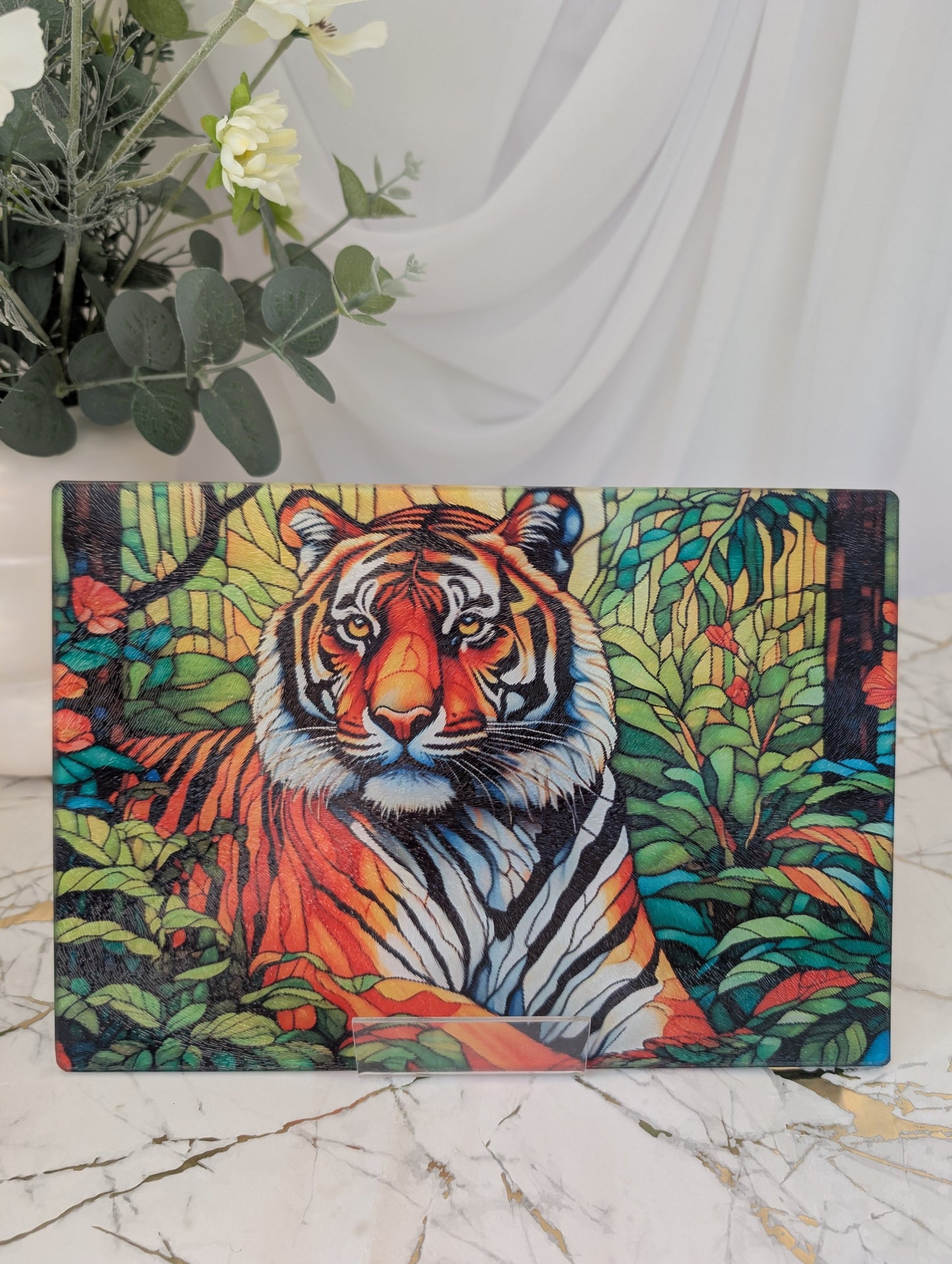 Tiger in the jungle stained glass style chopping board in tempered glass