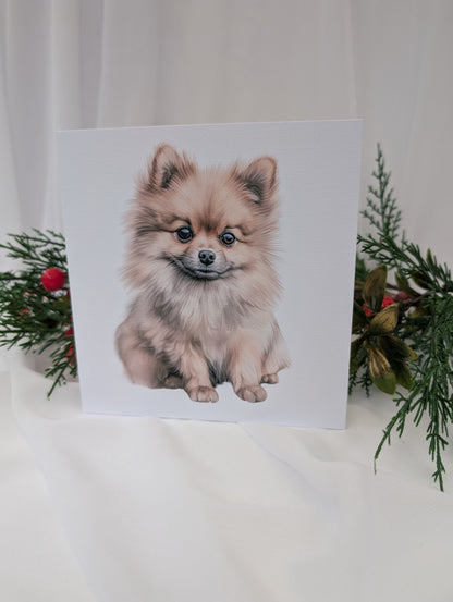 front view of 6 x 6 inches white linen effect greeting card printed with watercolour style image of a cute Pomeranian.