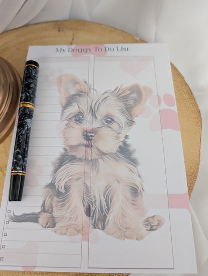 Dog notepad with Yorkshire Terrier design, pink hearts, paw prints and bones on white paper, My Doggy To Do List style
