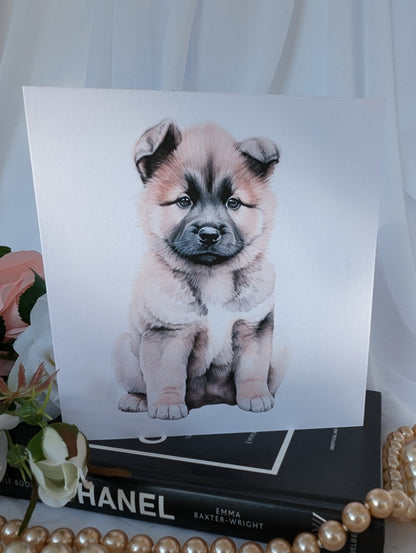 Watercolour style Akita puppy greeting card, printed on 6 x 6 inch 300gsm linen effect card