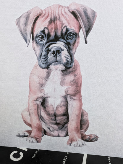 Close up of watercolour style image of Boxer puppy printed on white 300gsm linen effect card