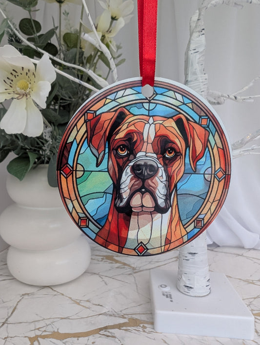 aluminium hanging ornament, 9cm diameter, printed with a Boxer Dog with blues and brown stained glass style print background.  