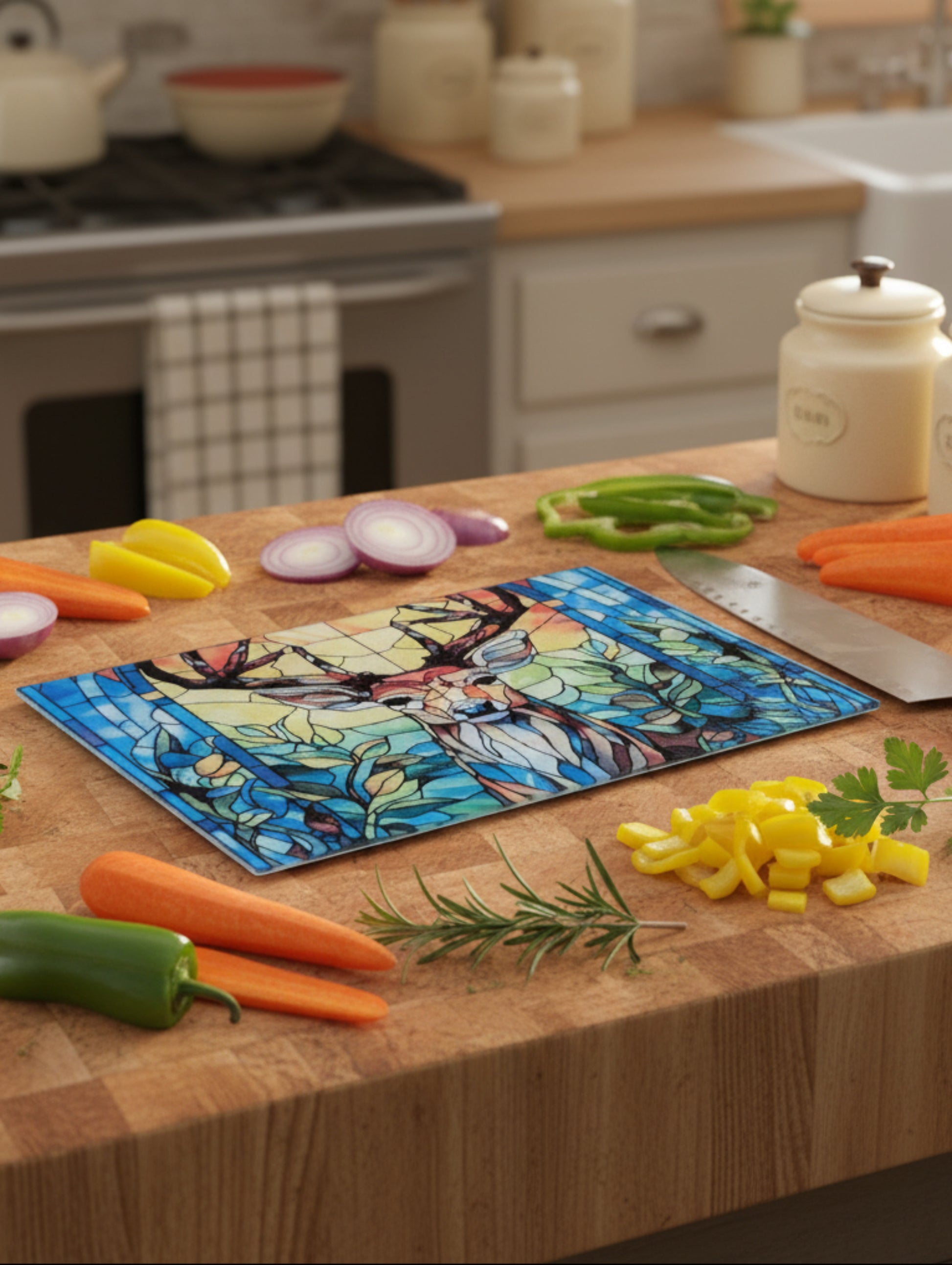 Colourful stag chopping board - stained glass style by Paws and Glow