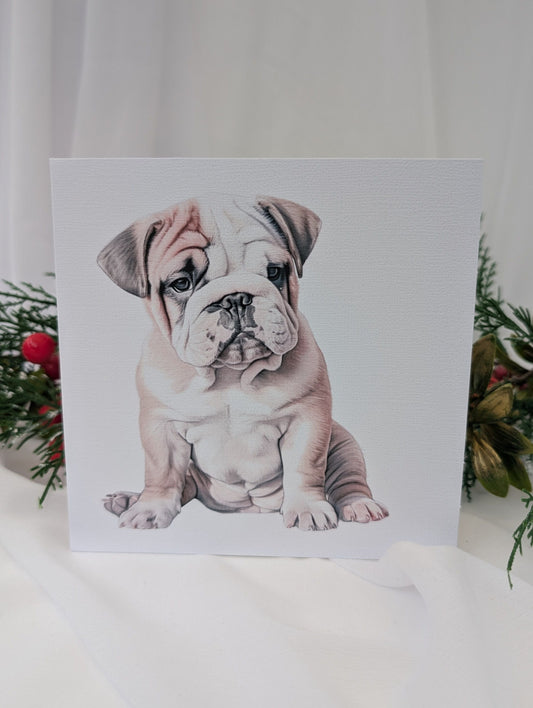 British Bulldog birthday card.  Watercolour style image on a while 300gsm linen effect card against a background of leaves