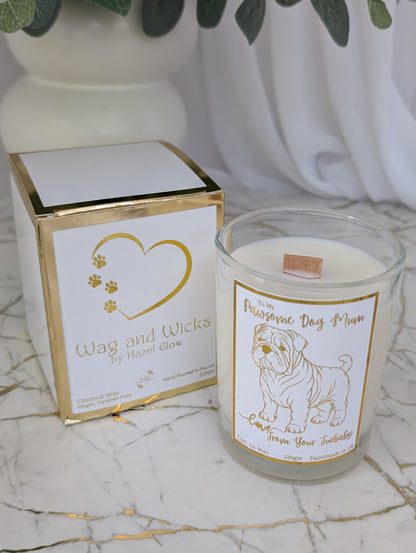 Top view of wooden wick Bull Dog Mum candle - Gold foiled label with Wag and Wicks gift box 
