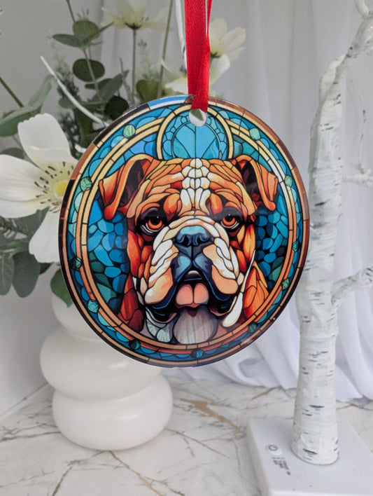 Bulldog hanging ornament in stained glass style, featuring a British Bulldog on a blue background
