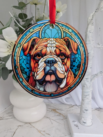 Close up of Bulldog hanging ornament in stained glass style, featuring a British Bulldog on a blue background