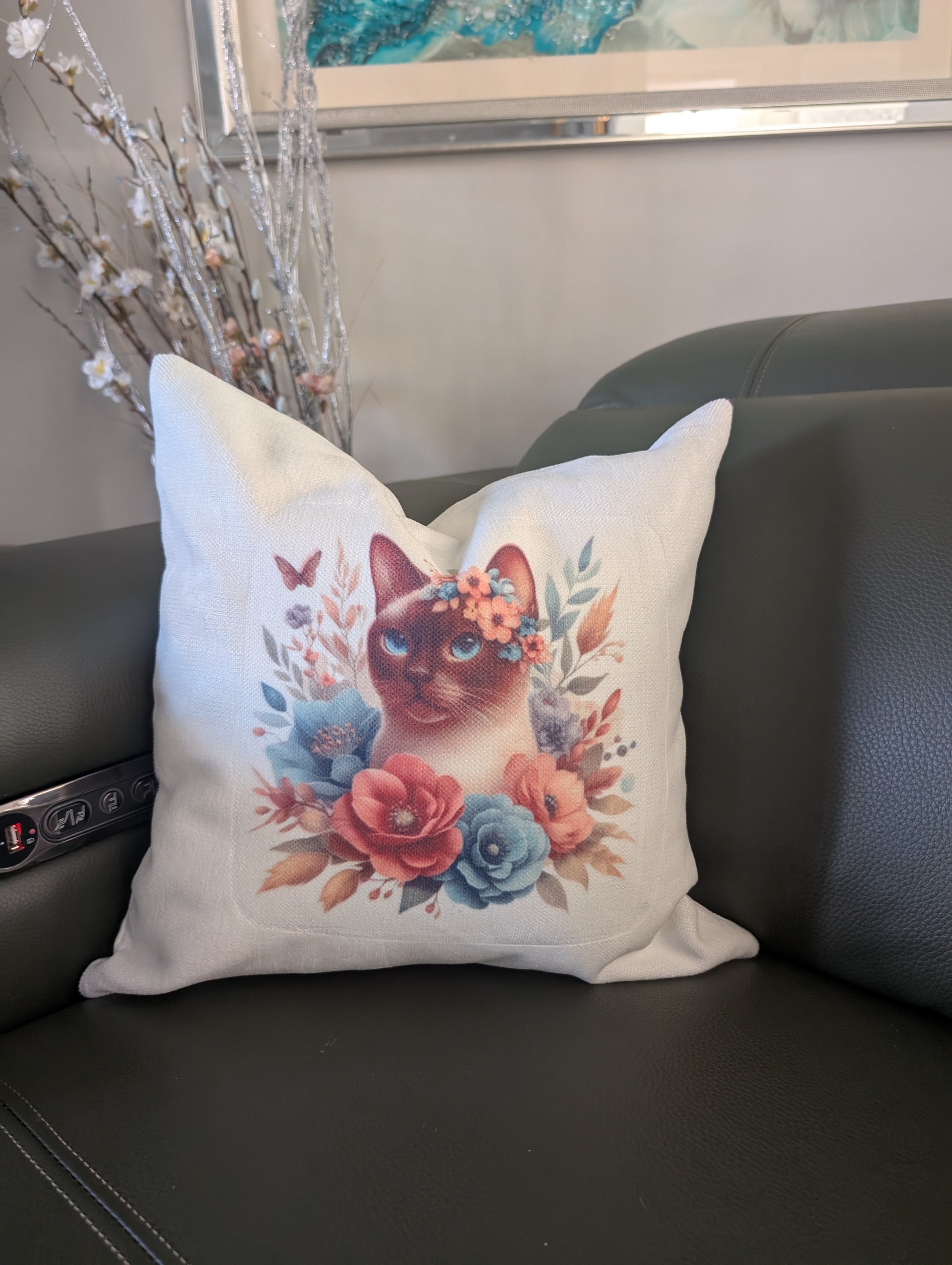 Cat Cushion, Cat Gift Floral Design on green leather couch