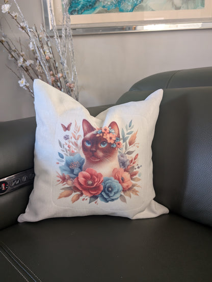 Cat Cushion, Cat Gift Floral Design on green leather couch