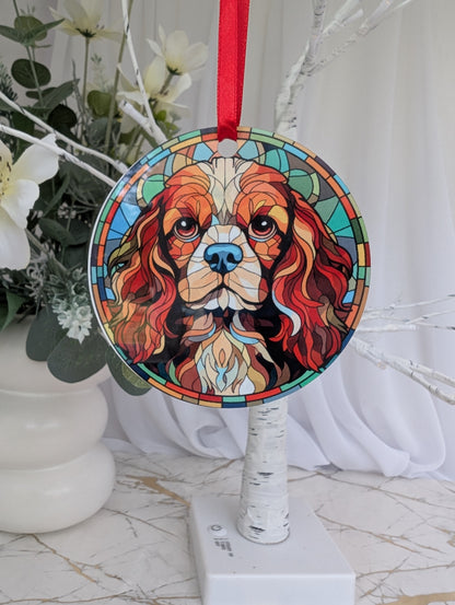 Cavalier King Charles hanging ornament featuring a stunning stained glass style design. Printed double-sided on lightweight, durable aluminium