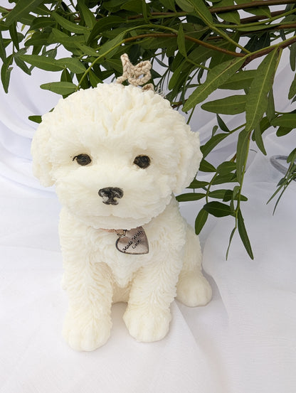 Front view of Cavapoo/Cockapoo Candle with ribbon and silver charm round its neck