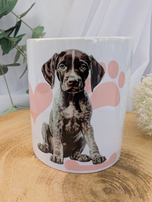11oz white ceramic German Short Haired Pointer Dog Mug with heart, paw and bone background in pink