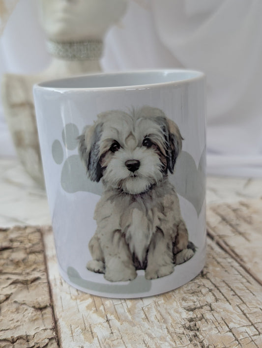 Ceramic Havanese Dog mug with heart , paw and bone background in grey