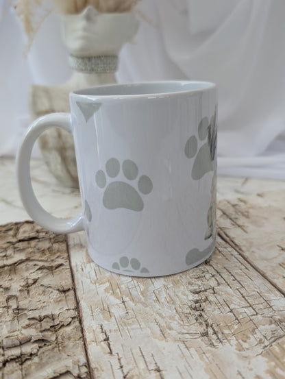 right side view of Ceramic Havanese Dog mug with heart , paw and bone background in grey