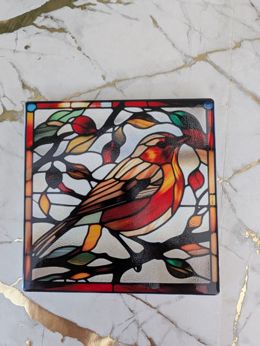 Ceramic stained glass style Robin coaster