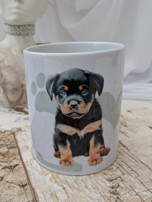 Rottweiler mug with grey pawprint, heart and bone background, ceramic gift for dog lovers