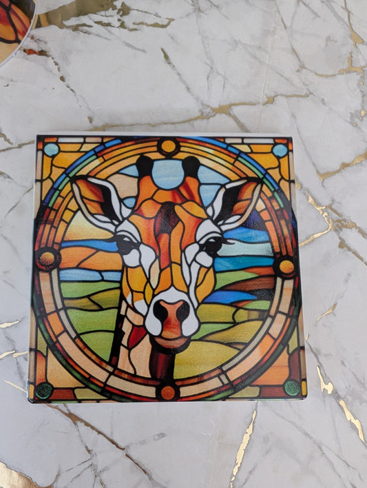 Top view of ceramic giraffe coaster with stained glass effect. Sublimated design won’t rub off. Perfect giraffe lover gift and safari-style kitchenware