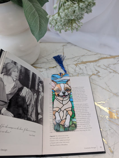 Cute Stained Glass style design Chihuahua bookmark by Paws and Glow.  Handmade and laminated.