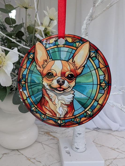cute smiling chichuahua stained glass effect hanging ornament.  9cm diameter hanging on a red ribbon
