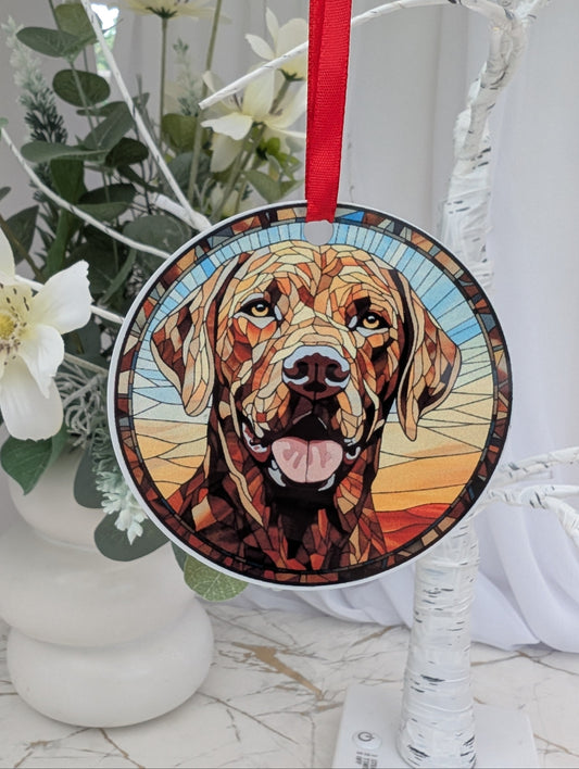 Chocolate Labrador stained glass style round aluminium hanging decoration