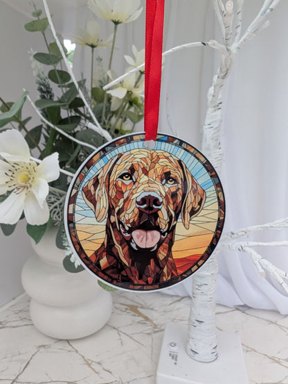 Decorative ornament with dog portrait on a branch with flowers.