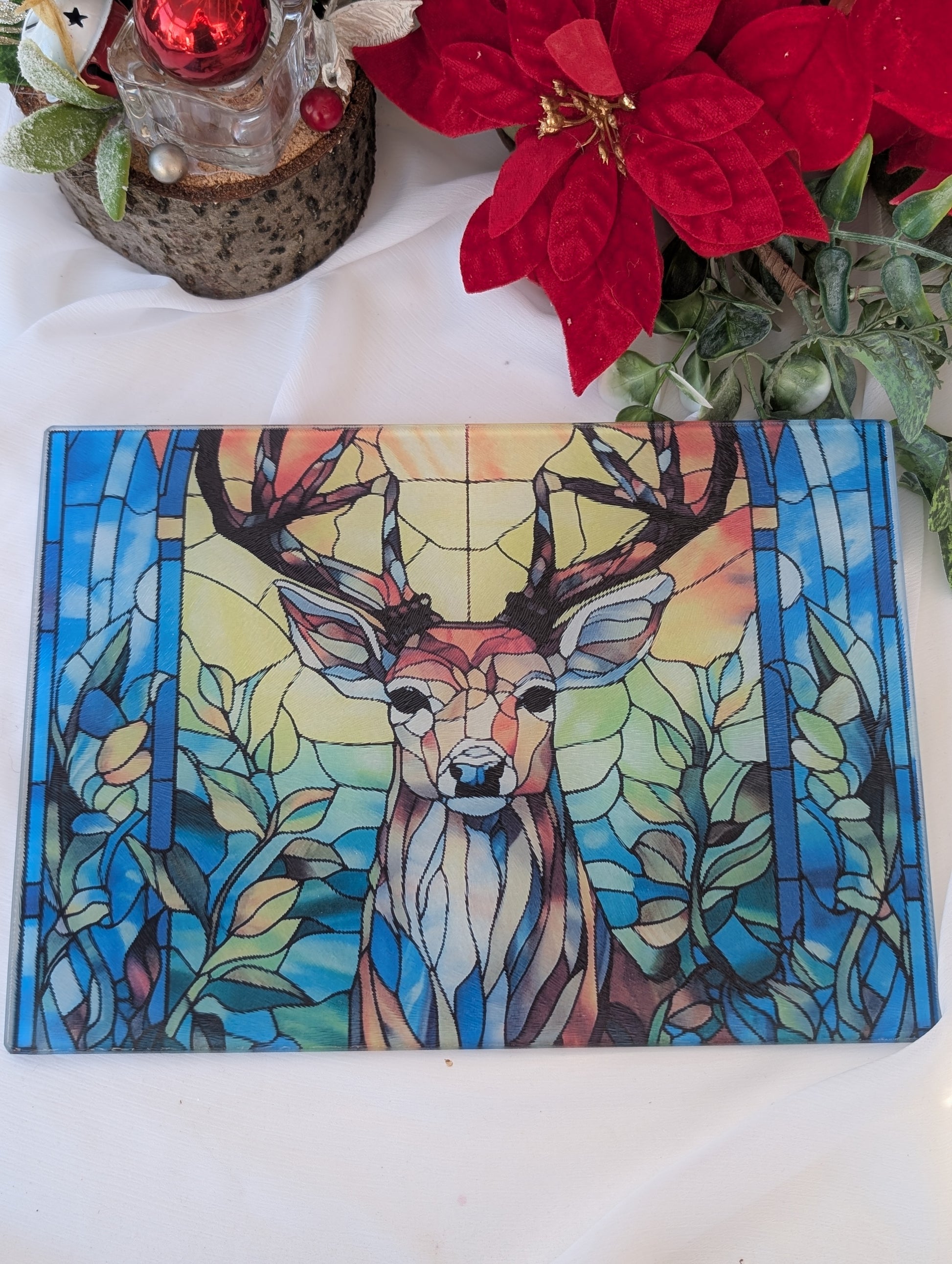 Glass Chopping Board in stained glass design of a stag in a forest
