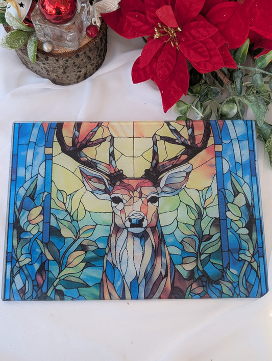 Glass Chopping Board in stained glass design of a stag in a forest