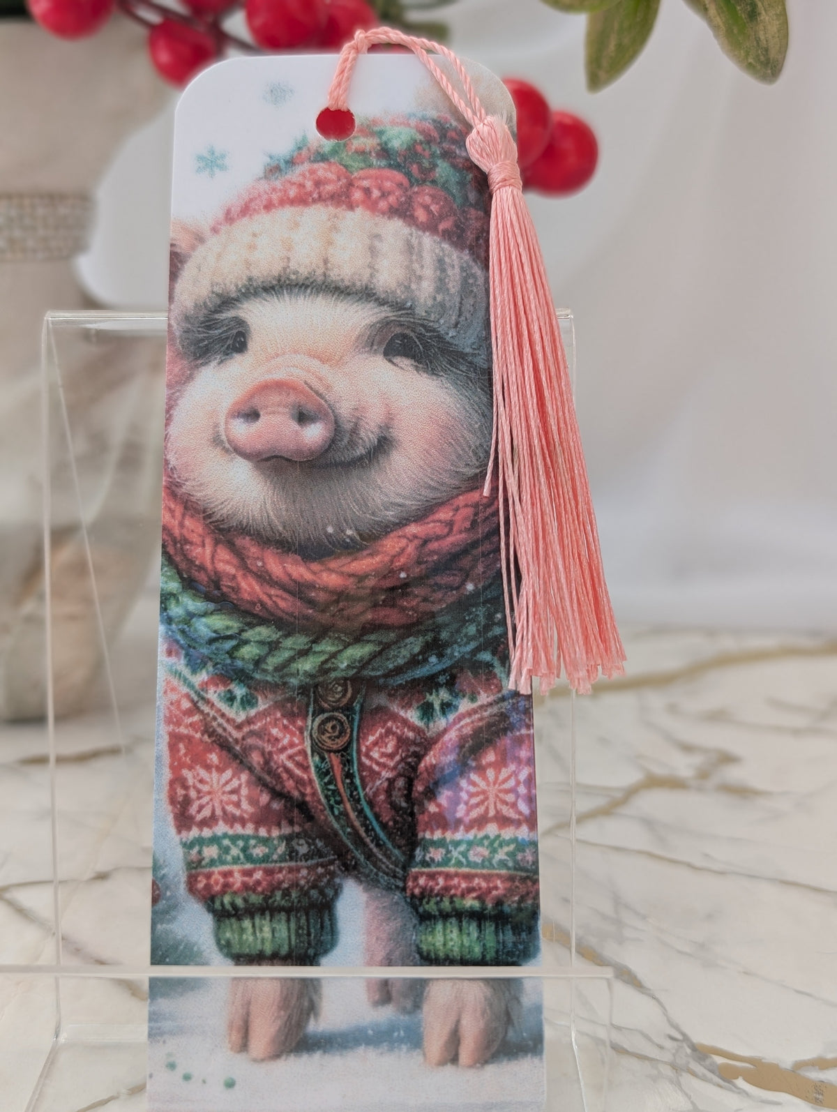 Cute Christmas Pig bookmark - handmade and laminated in the UK by Paws and Glow