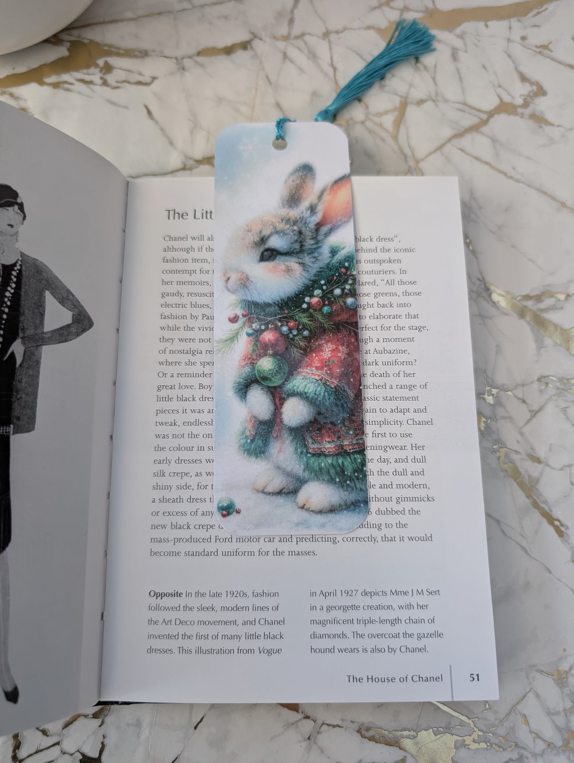 Christmas stocking filler idea - Christmas bunny bookmark, dressed in soft red and green tartan coat and scarf