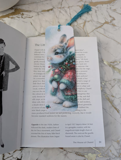 Christmas stocking filler idea - Christmas bunny bookmark, dressed in soft red and green tartan coat and scarf