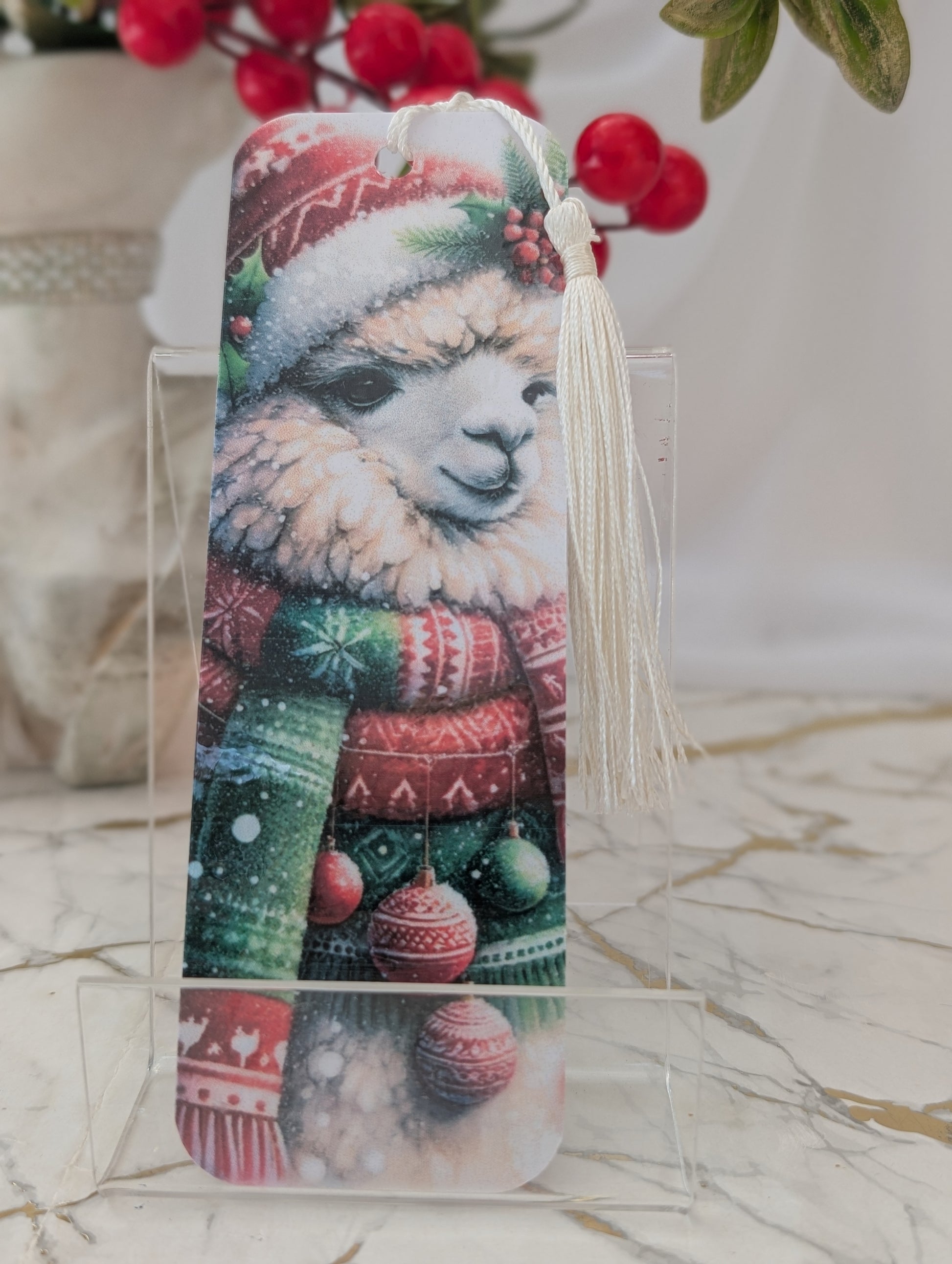 Stocking filler - Christmas bookmark with cute llama all rapped up in scarf and woolly hat