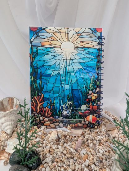 Decorative notebook with stained glass design of an underwater scene, surrounded by pebbles and small plants.