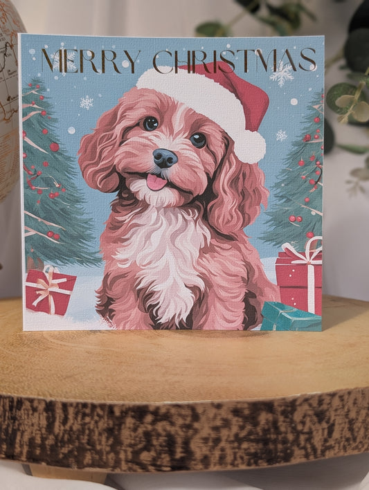 Dog Christmas card with a cockapoo/cavapoo wearing a Santa hat 