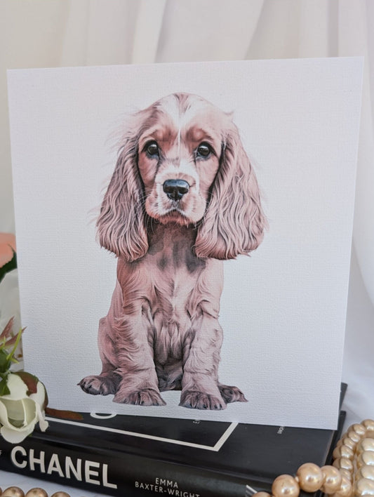 Dog birthday card, with watercolour style image of cocker spaniel on 300gsm linen card