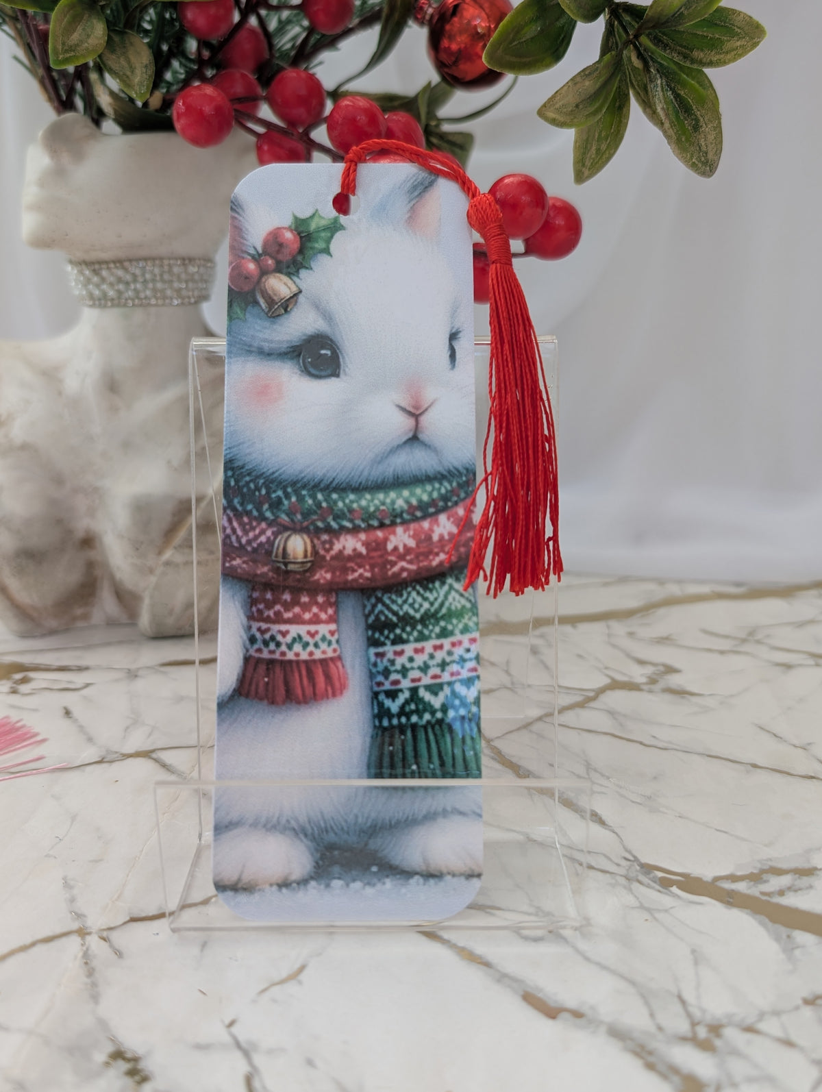 Christmas stocking filler - cute white Christmas bunny laminated bookmark by Paws and Glow