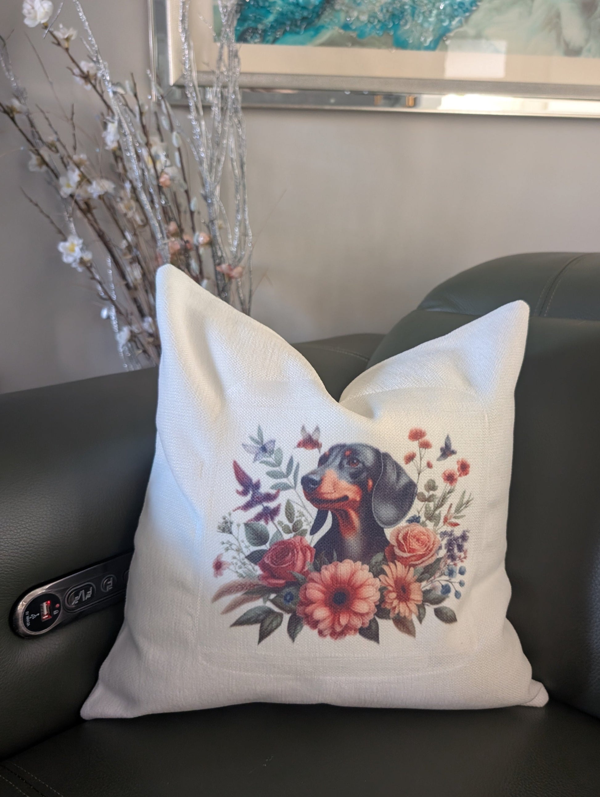 Dog Cushion - Dachshund floral linen effect gift 