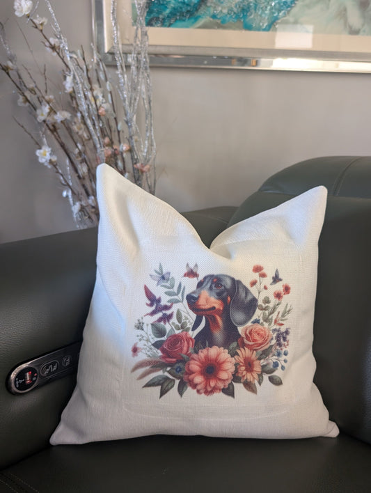 Dog Cushion - Dachshund floral linen effect gift 