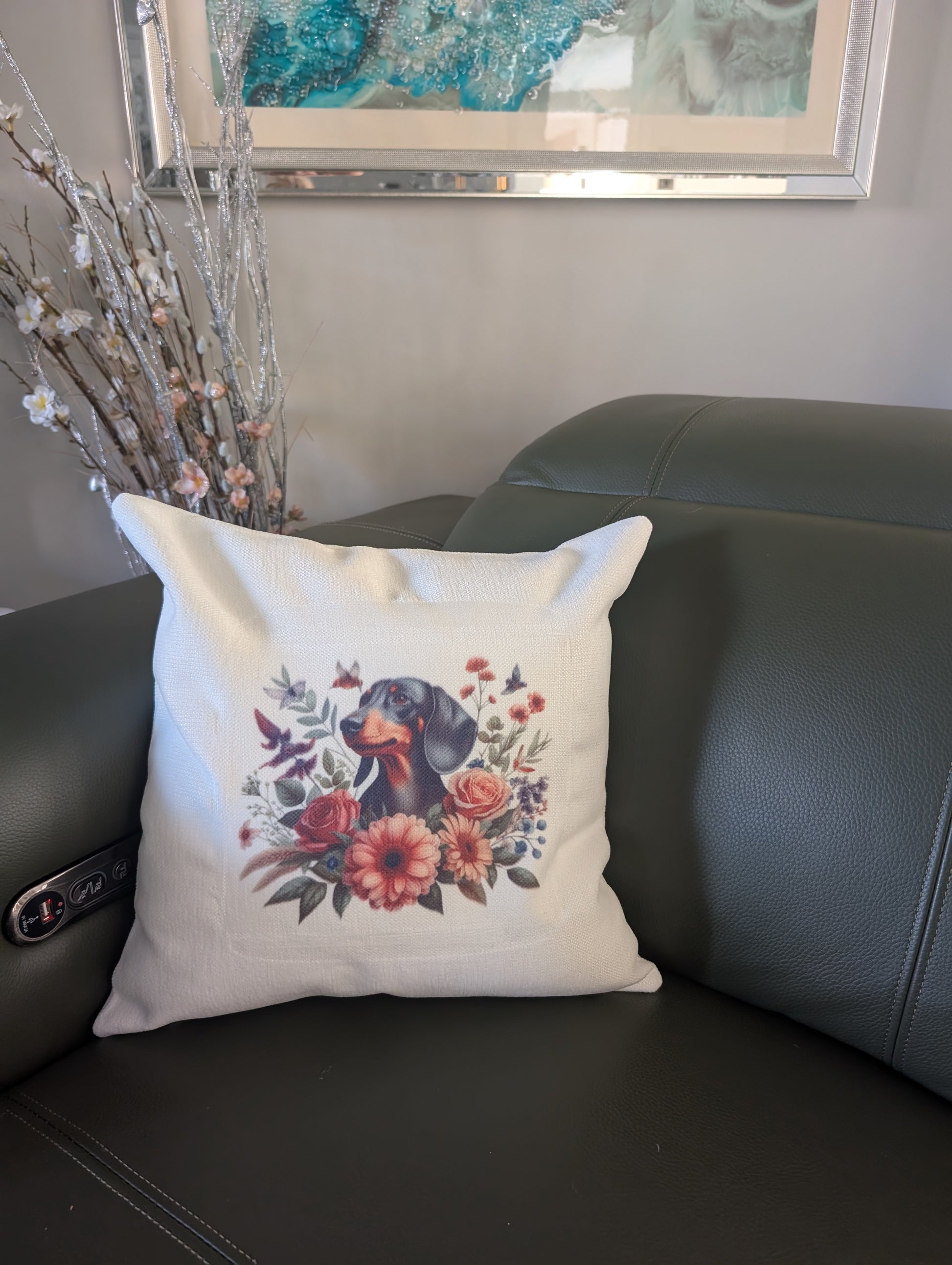 Sausage dog cushion - cream linen effect with dachshund and floral pattern
