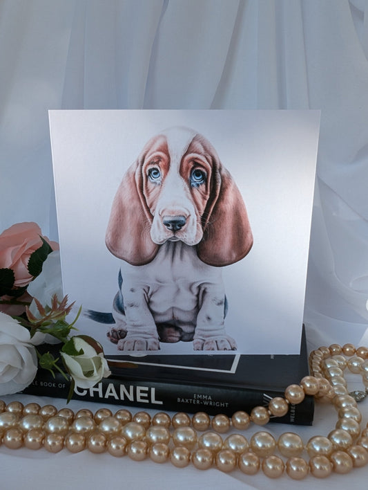 Basset hound dog card - watercolour style image printed on 300gsm white linen effect card